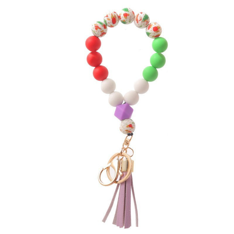 Wholesale Christmas Silicone Beaded Tassel Wrist Keychain